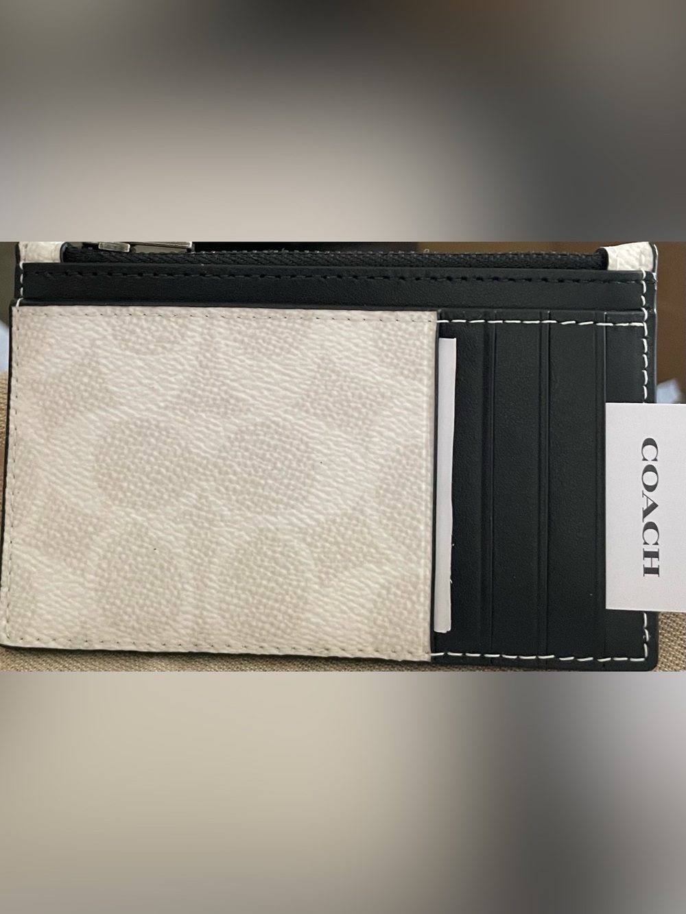 Coach Women’s Black and Cream Color Card Holder with Signature Canvas